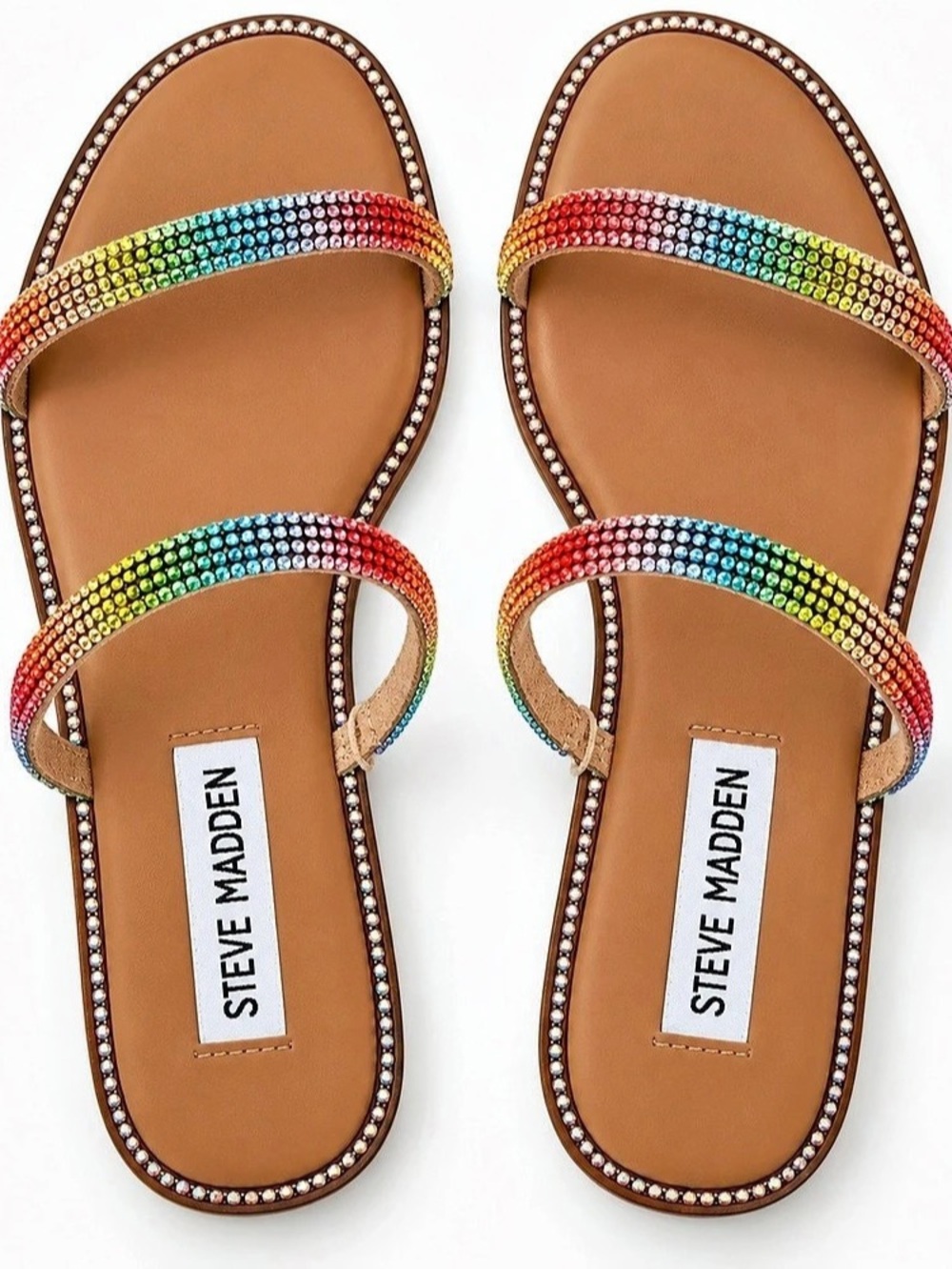 Steve Madden Trinket Rainbow Flat Sandal Embellished Slides Brown & Multicolor 6